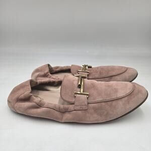 Tods Double T Logo Size 10.5 Pink Suede Leather Smoking Loafers Business Chic